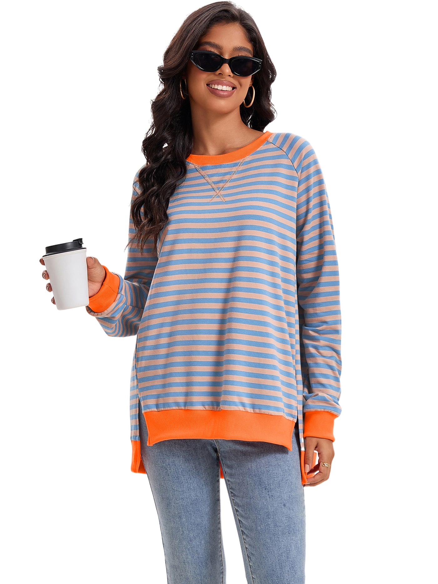 Bublédon Onfers Womens Split Hem Striped Oversized Sweatshirt Color Block Crew Neck Casual Loose Shirt Tops