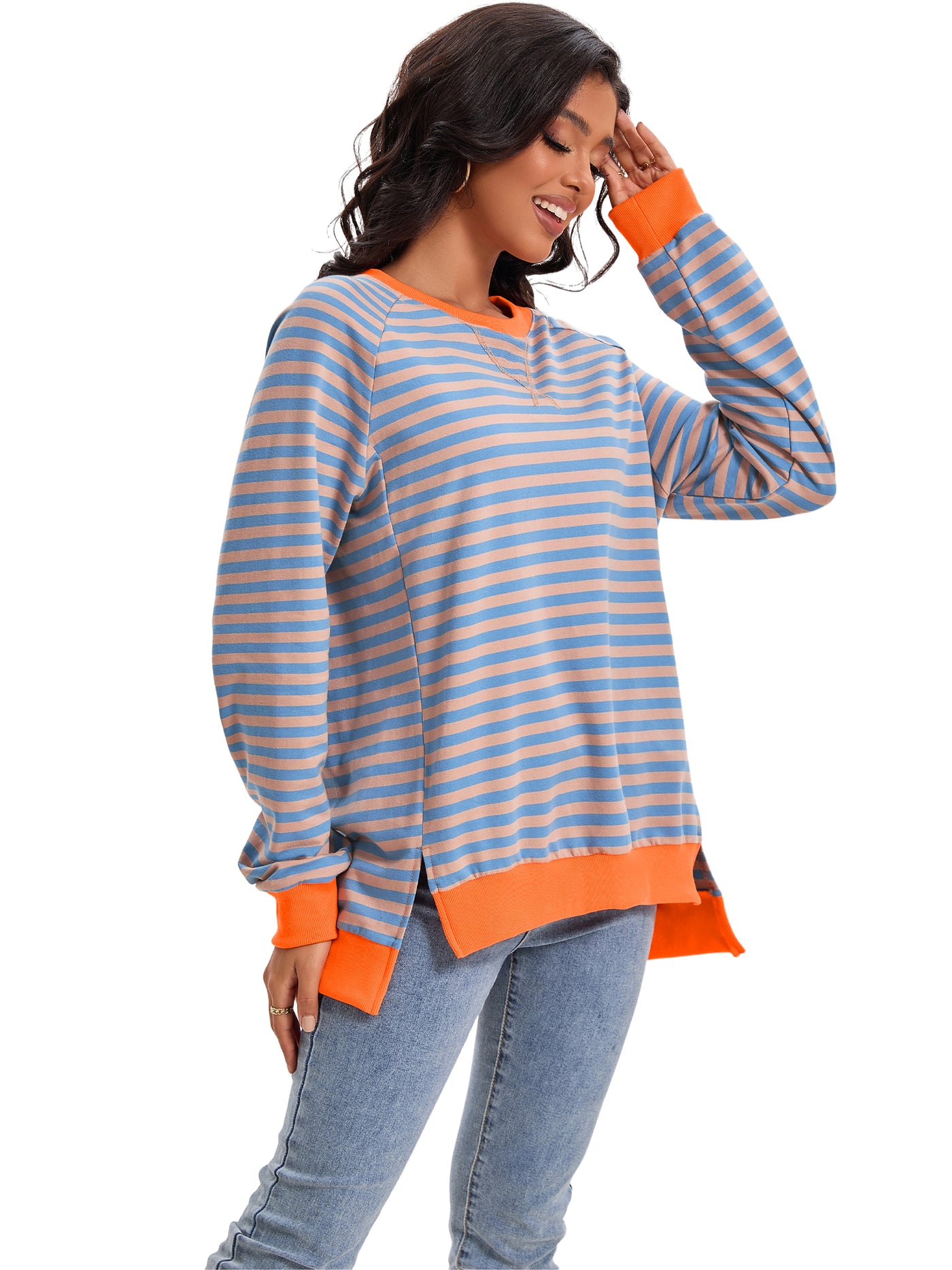 Bublédon Onfers Womens Split Hem Striped Oversized Sweatshirt Color Block Crew Neck Casual Loose Shirt Tops