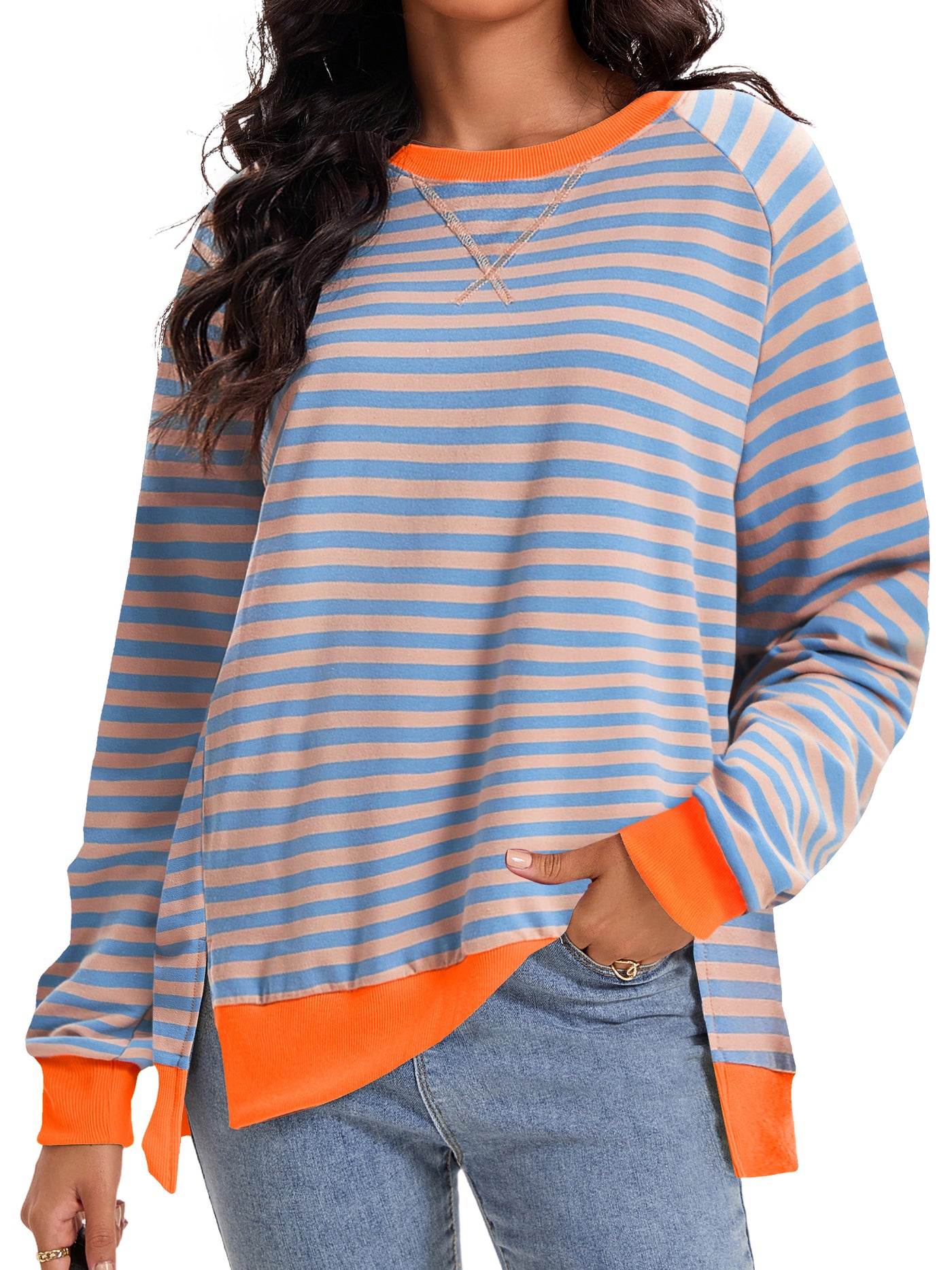 Bublédon Onfers Womens Split Hem Striped Oversized Sweatshirt Color Block Crew Neck Casual Loose Shirt Tops