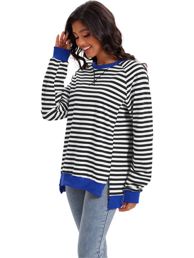 Onfers Womens Split Hem Striped Oversized Sweatshirt Color Block Crew Neck Casual Loose Shirt Tops