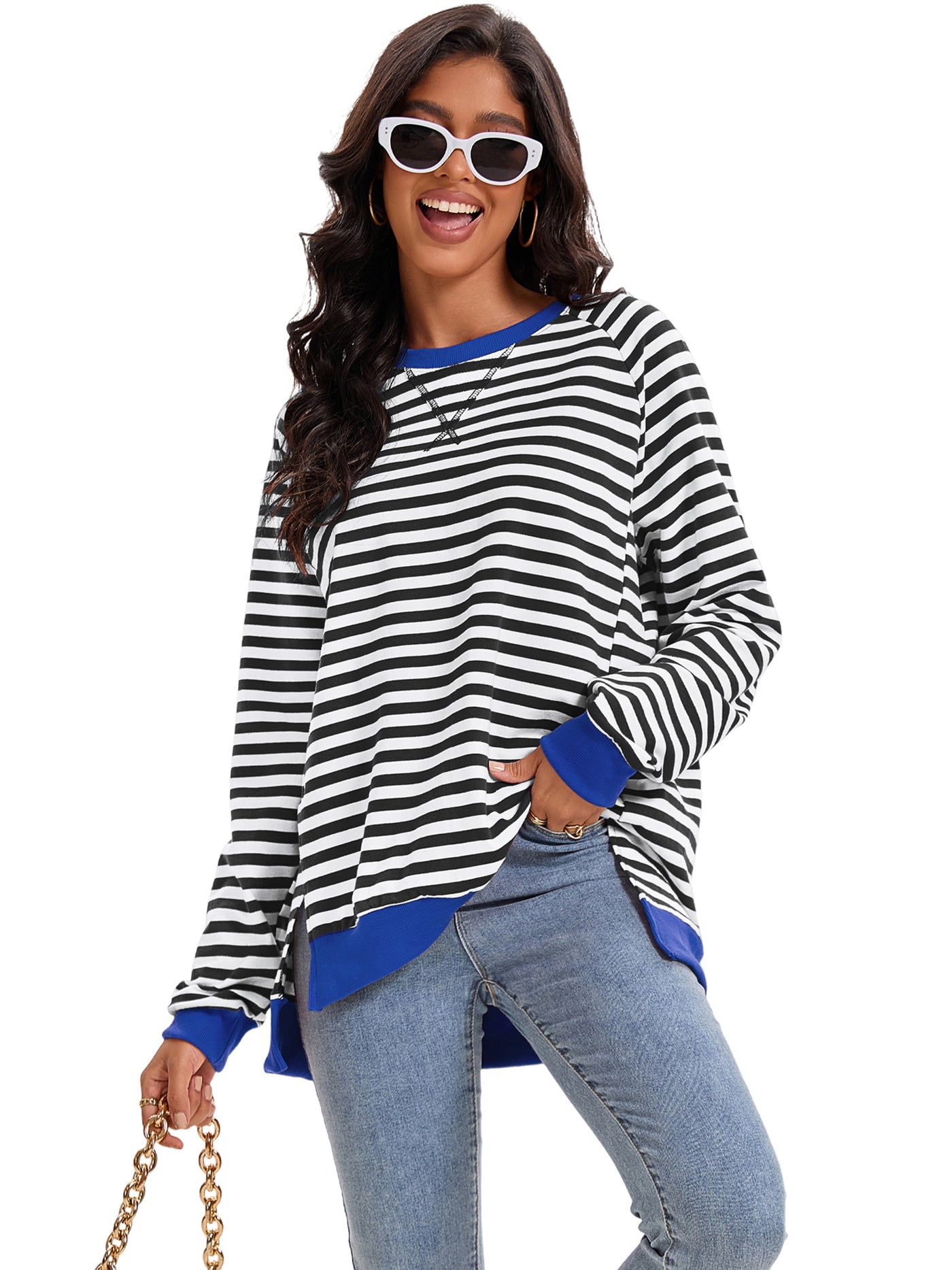 Bublédon Onfers Womens Split Hem Striped Oversized Sweatshirt Color Block Crew Neck Casual Loose Shirt Tops