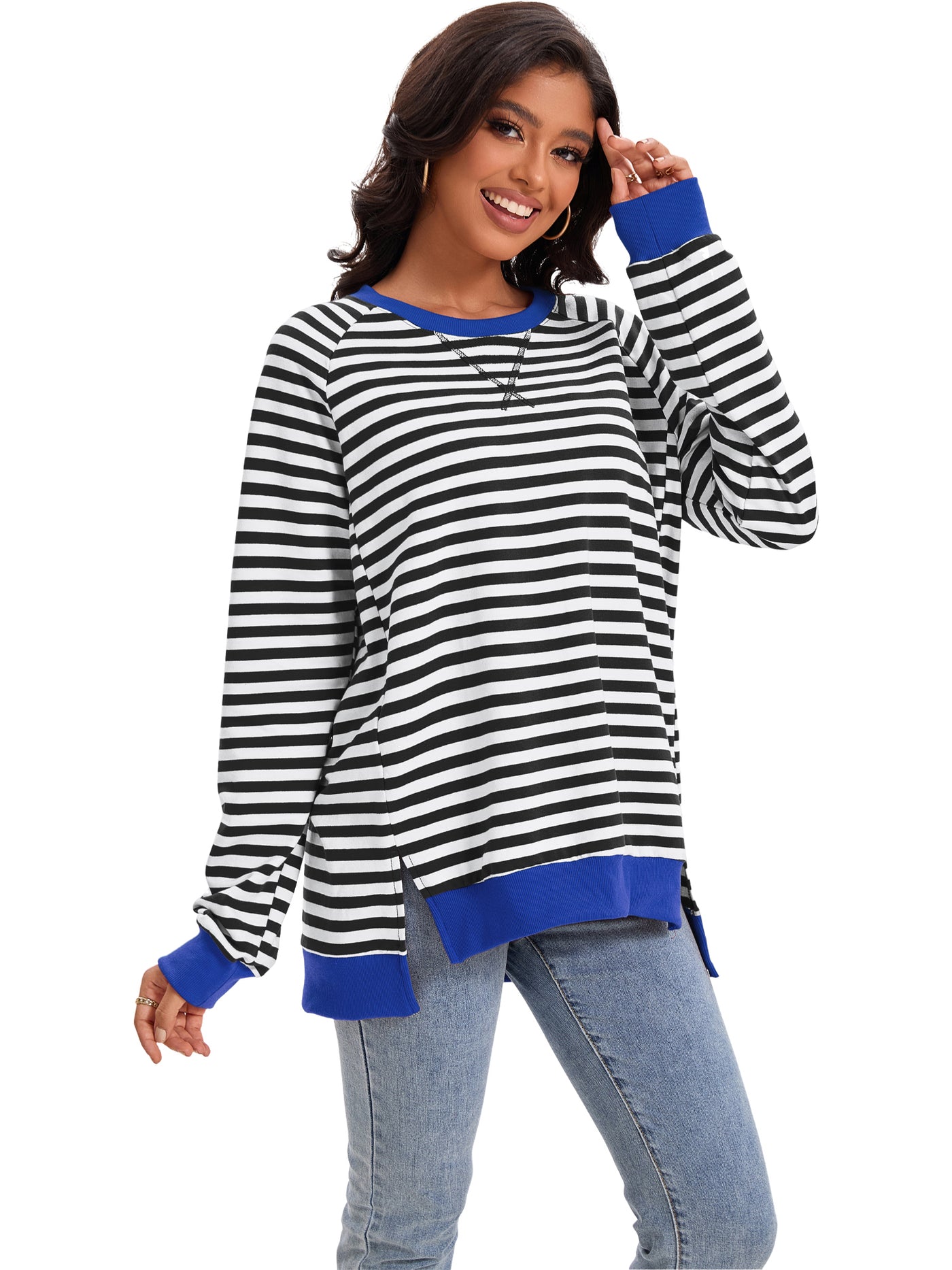 Bublédon Onfers Womens Split Hem Striped Oversized Sweatshirt Color Block Crew Neck Casual Loose Shirt Tops