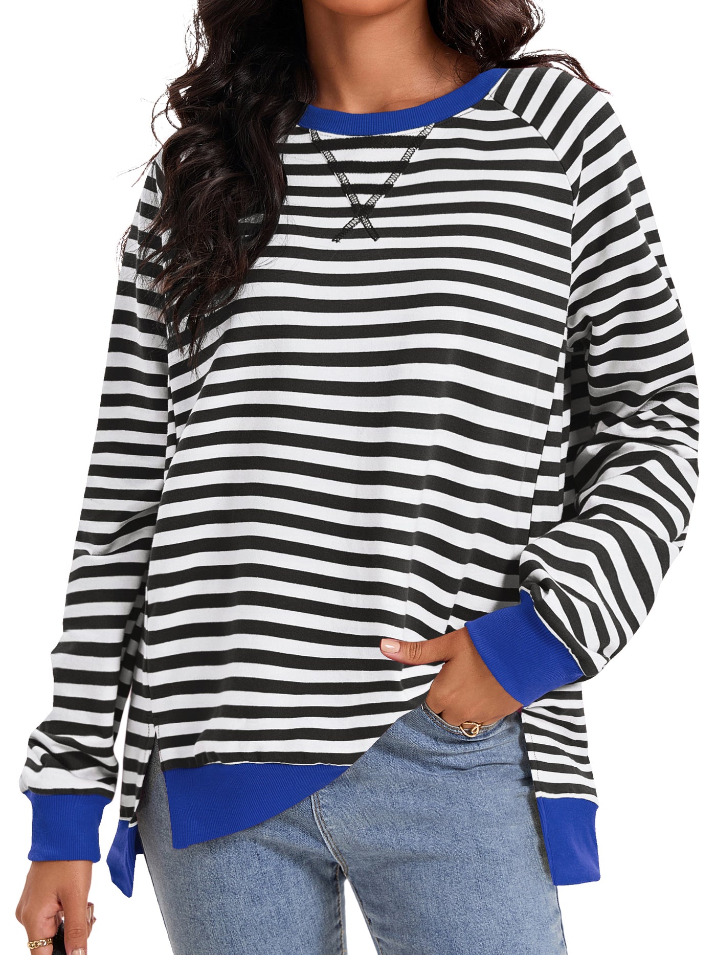 Bublédon Onfers Womens Split Hem Striped Oversized Sweatshirt Color Block Crew Neck Casual Loose Shirt Tops