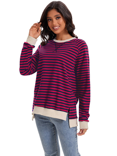 Onfers Womens Split Hem Striped Oversized Sweatshirt Color Block Crew Neck Casual Loose Shirt Tops