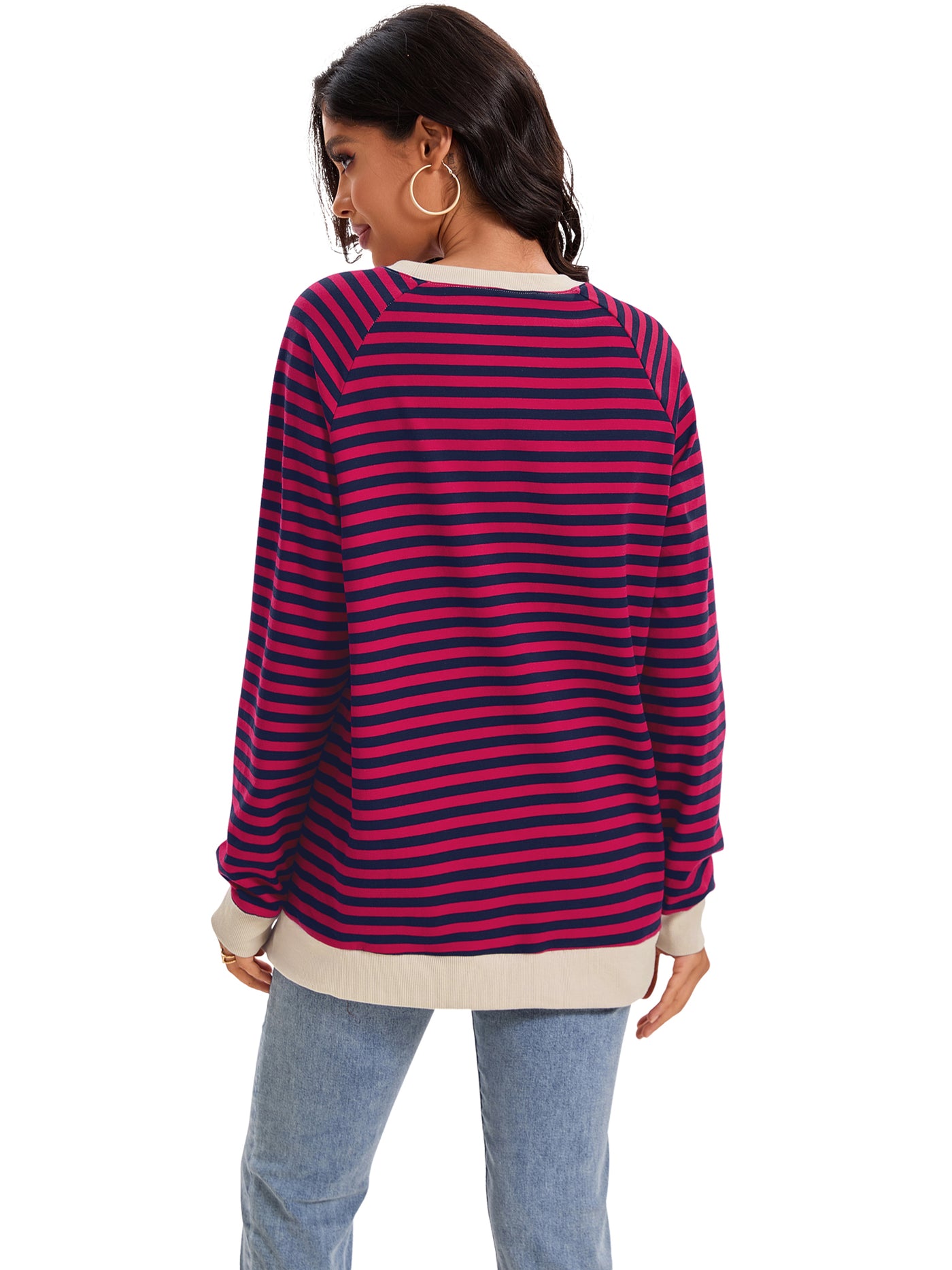 Bublédon Onfers Womens Split Hem Striped Oversized Sweatshirt Color Block Crew Neck Casual Loose Shirt Tops