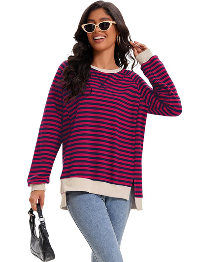 Onfers Womens Split Hem Striped Oversized Sweatshirt Color Block Crew Neck Casual Loose Shirt Tops