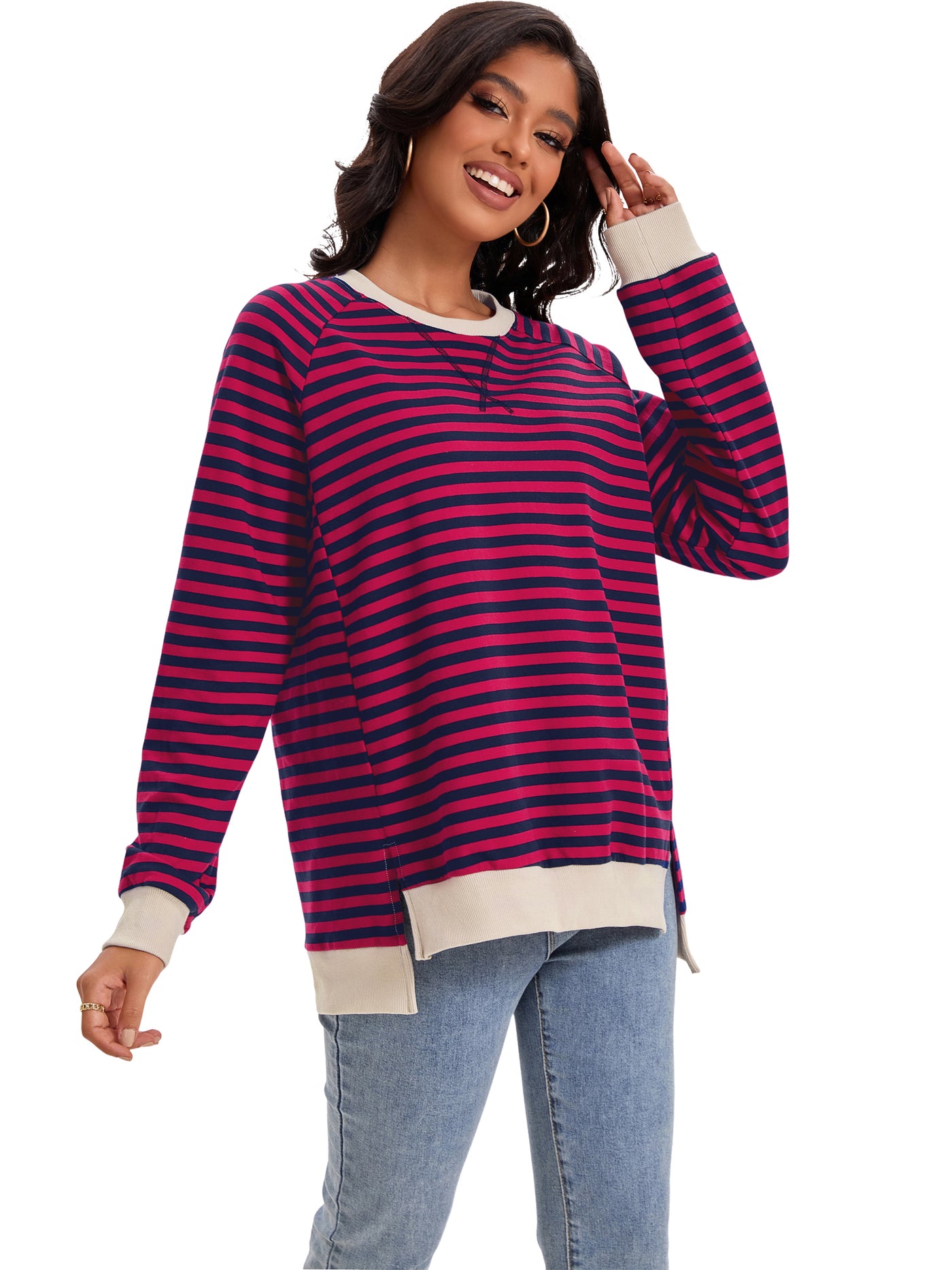 Bublédon Onfers Womens Split Hem Striped Oversized Sweatshirt Color Block Crew Neck Casual Loose Shirt Tops