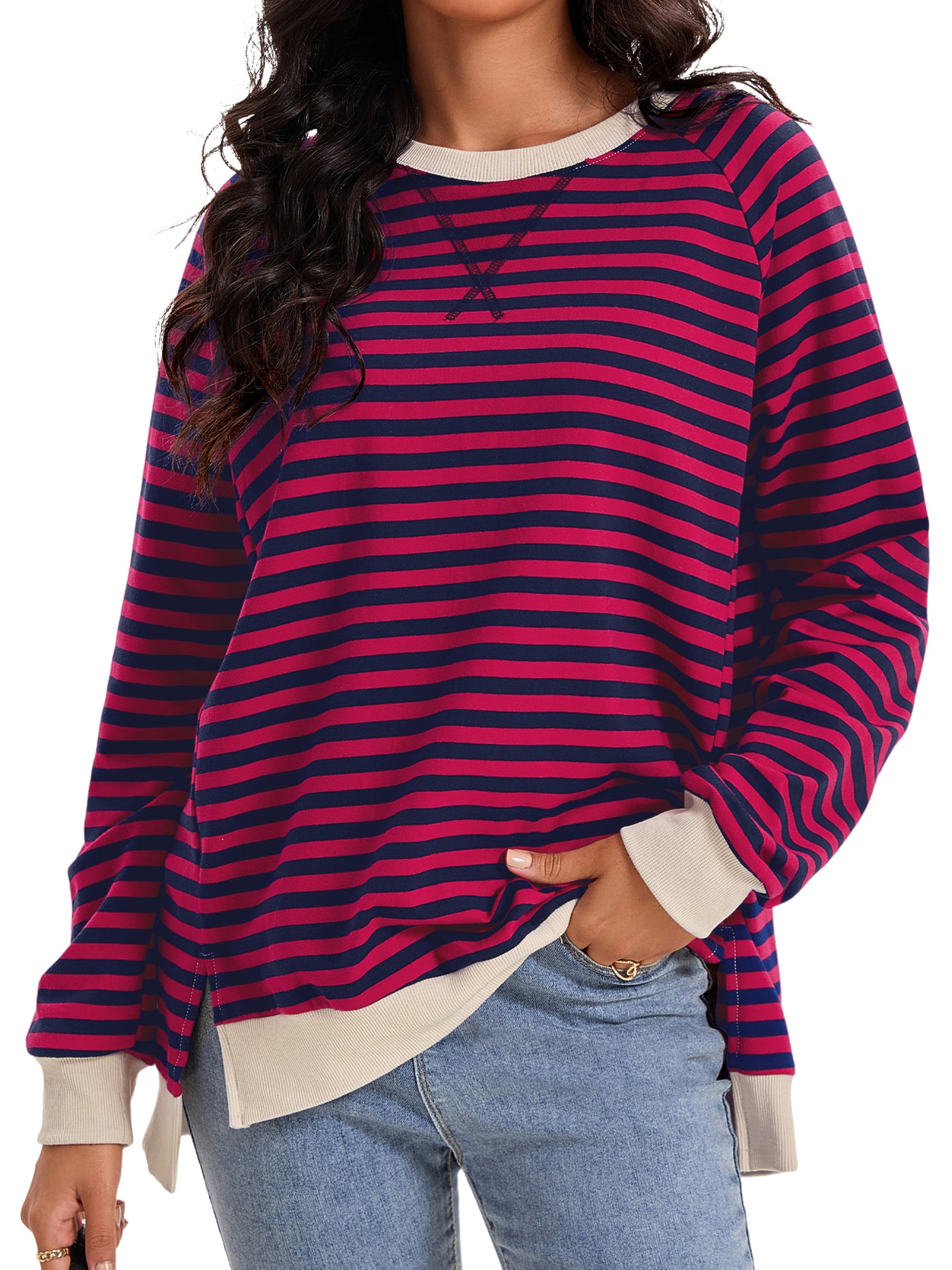 Bublédon Onfers Womens Split Hem Striped Oversized Sweatshirt Color Block Crew Neck Casual Loose Shirt Tops