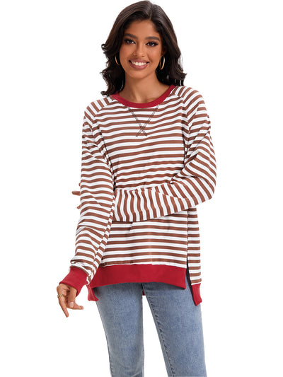 Onfers Womens Split Hem Striped Oversized Sweatshirt Color Block Crew Neck Casual Loose Shirt Tops