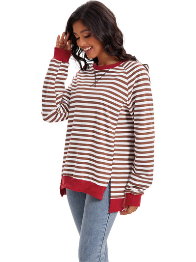 Onfers Womens Split Hem Striped Oversized Sweatshirt Color Block Crew Neck Casual Loose Shirt Tops