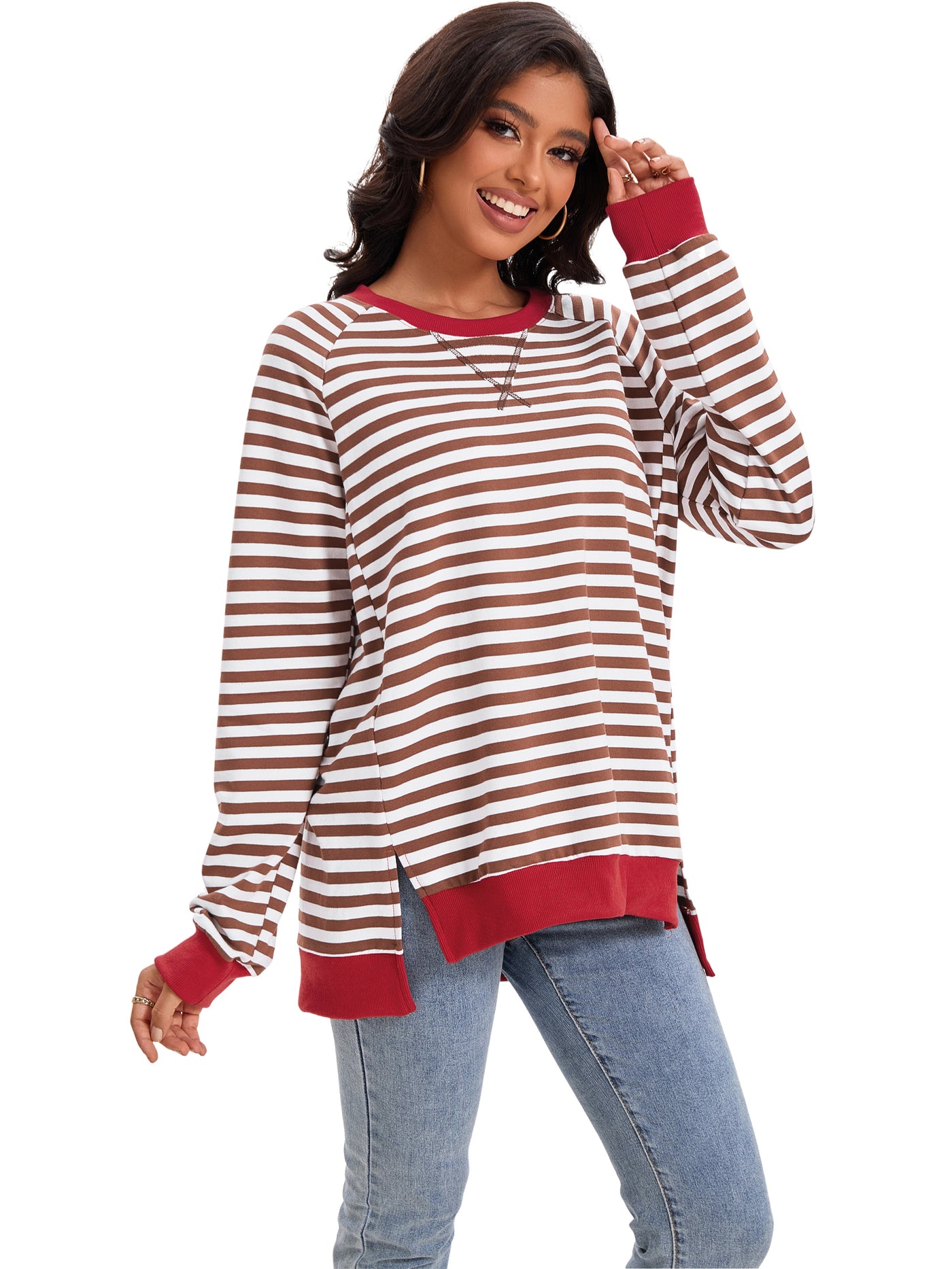 Bublédon Onfers Womens Split Hem Striped Oversized Sweatshirt Color Block Crew Neck Casual Loose Shirt Tops