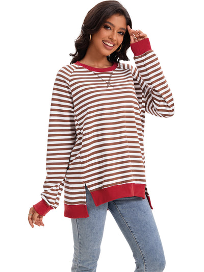 Onfers Womens Split Hem Striped Oversized Sweatshirt Color Block Crew Neck Casual Loose Shirt Tops