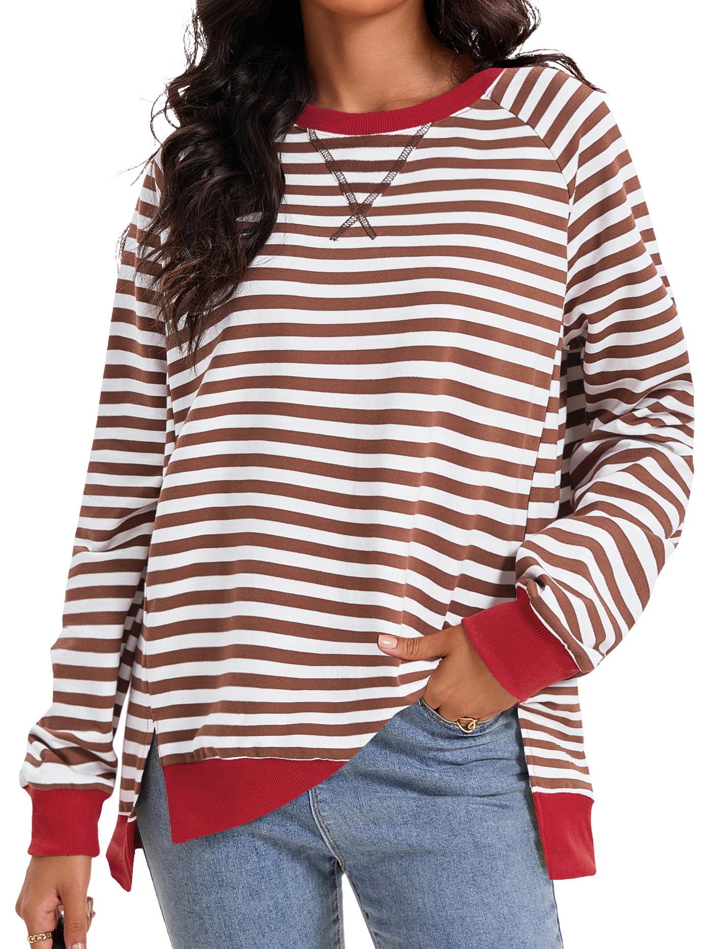 Bublédon Onfers Womens Split Hem Striped Oversized Sweatshirt Color Block Crew Neck Casual Loose Shirt Tops