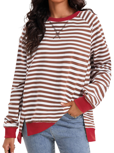 Onfers Womens Split Hem Striped Oversized Sweatshirt Color Block Crew Neck Casual Loose Shirt Tops