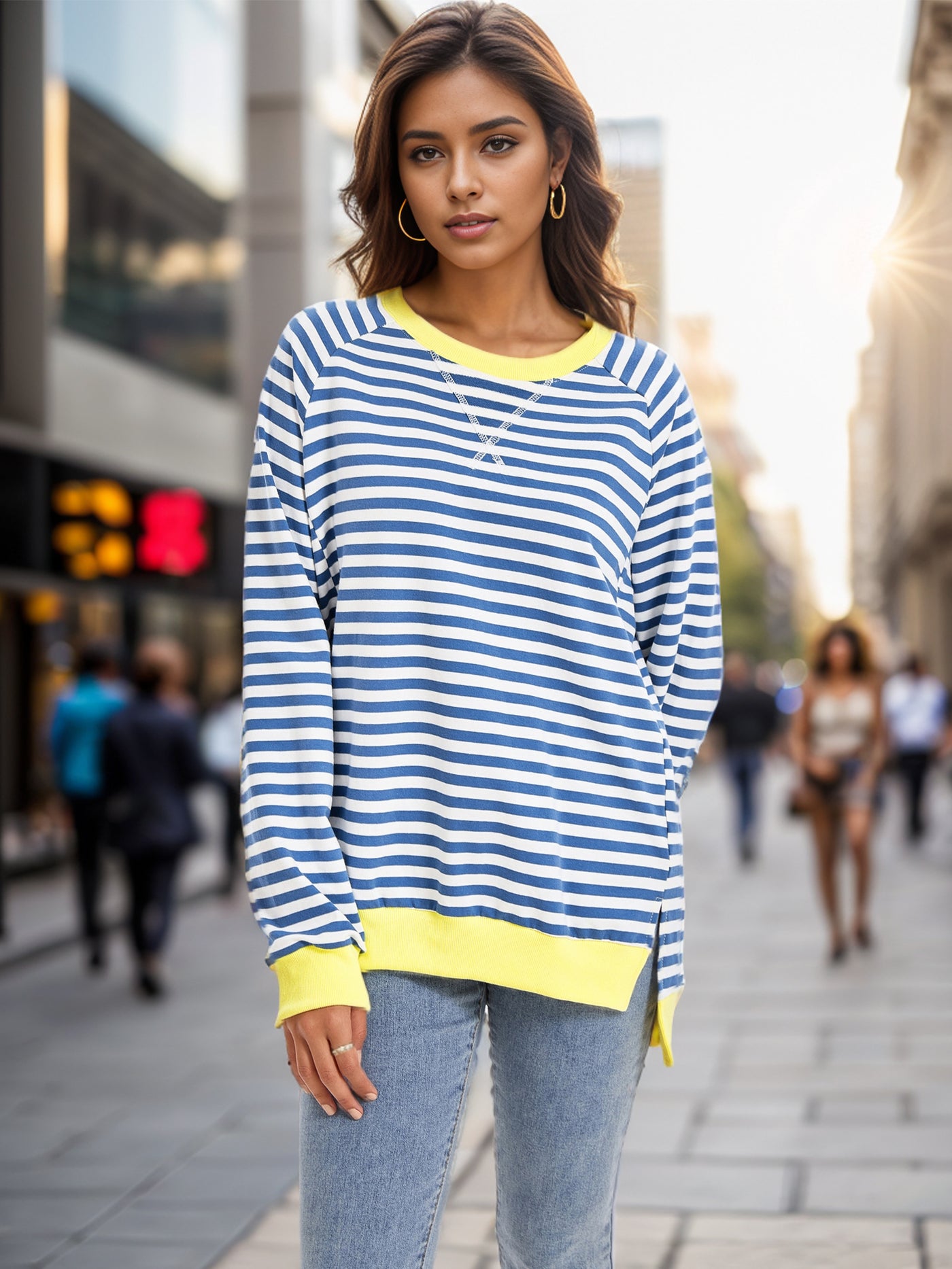 Bublédon Onfers Womens Split Hem Striped Oversized Sweatshirt Color Block Crew Neck Casual Loose Shirt Tops