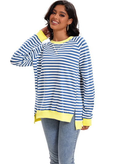 Onfers Womens Split Hem Striped Oversized Sweatshirt Color Block Crew Neck Casual Loose Shirt Tops