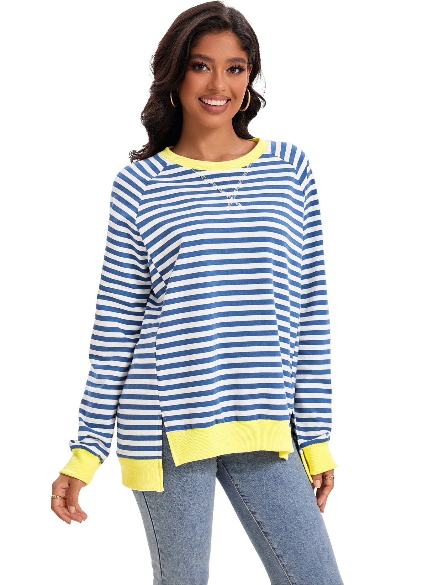 Bublédon Onfers Womens Split Hem Striped Oversized Sweatshirt Color Block Crew Neck Casual Loose Shirt Tops