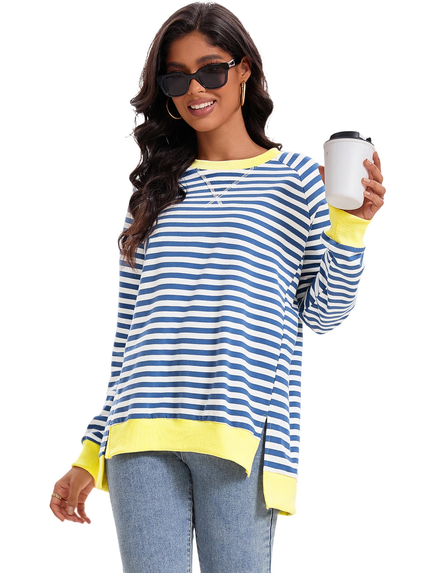 Bublédon Onfers Womens Split Hem Striped Oversized Sweatshirt Color Block Crew Neck Casual Loose Shirt Tops