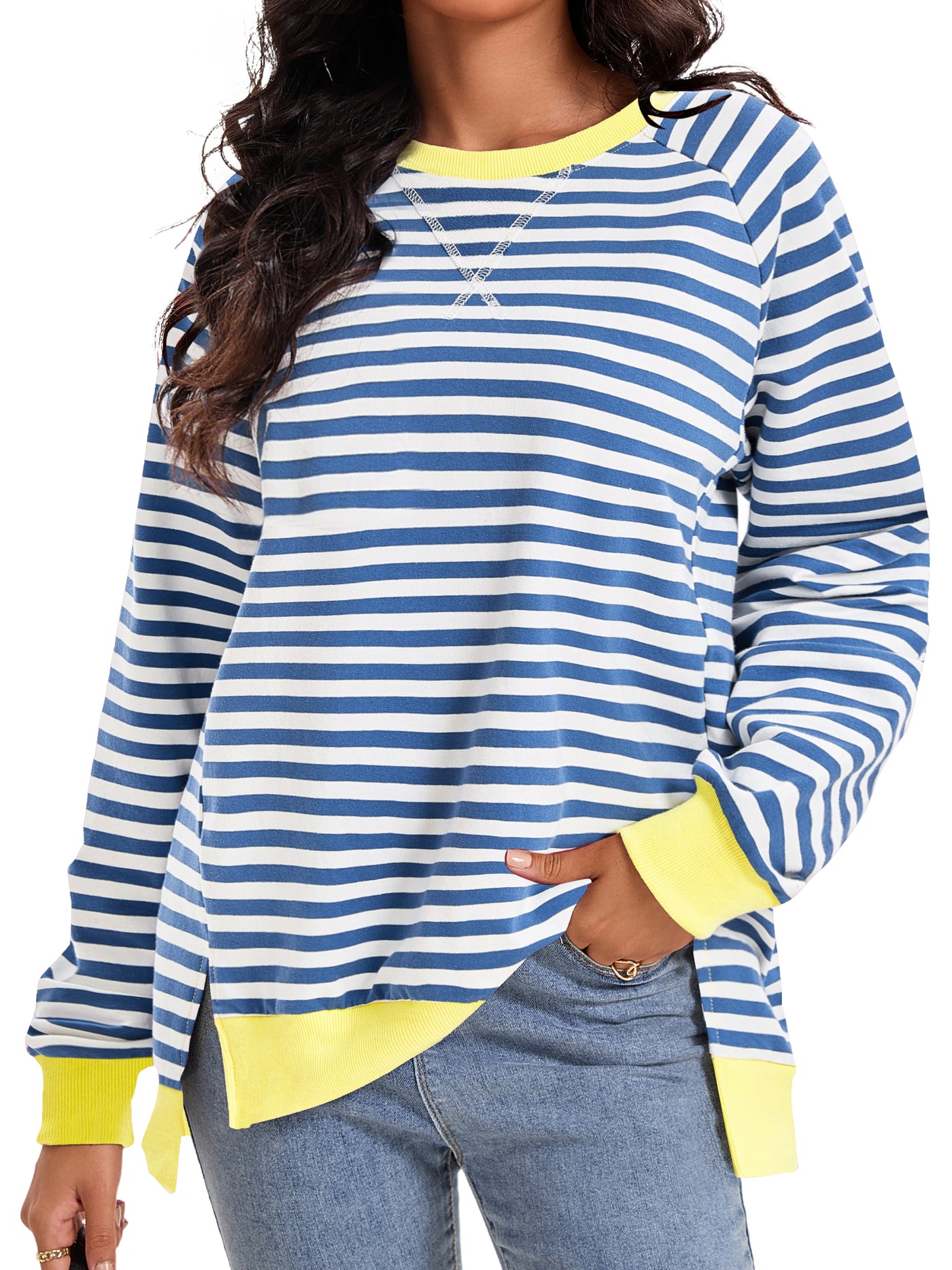 Bublédon Onfers Womens Split Hem Striped Oversized Sweatshirt Color Block Crew Neck Casual Loose Shirt Tops