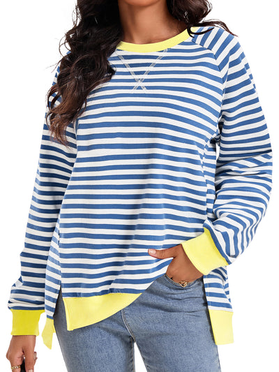 Onfers Womens Split Hem Striped Oversized Sweatshirt Color Block Crew Neck Casual Loose Shirt Tops