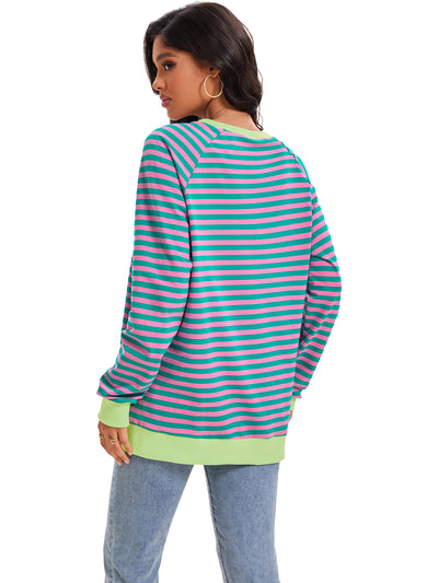 Onfers Womens Split Hem Striped Oversized Sweatshirt Color Block Crew Neck Casual Loose Shirt Tops