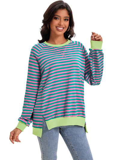 Onfers Womens Split Hem Striped Oversized Sweatshirt Color Block Crew Neck Casual Loose Shirt Tops