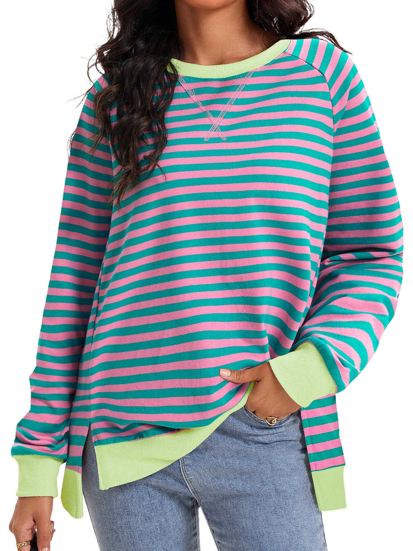 Bublédon Onfers Womens Split Hem Striped Oversized Sweatshirt Color Block Crew Neck Casual Loose Shirt Tops