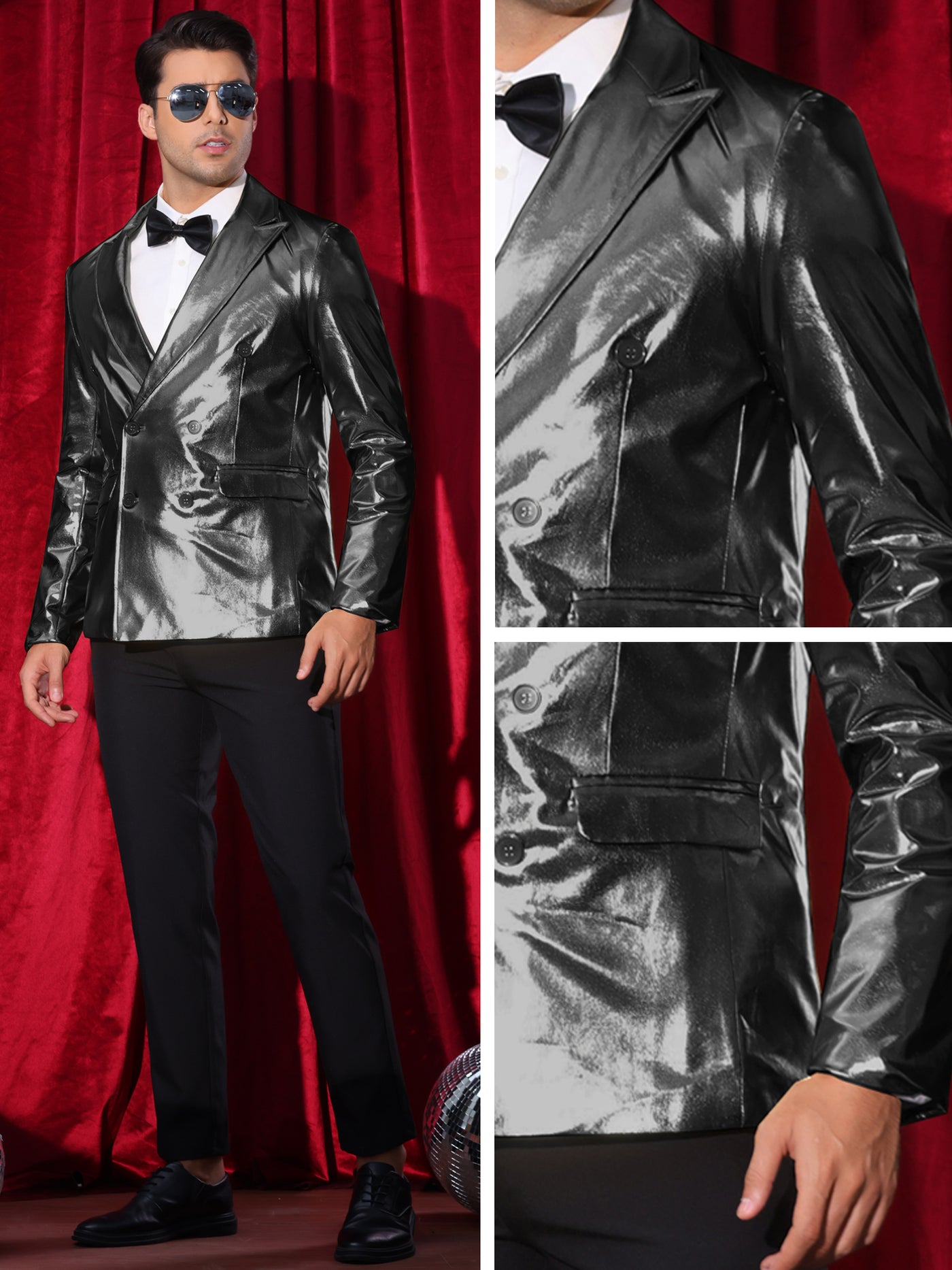 Bublédon Sparkly Metallic Blazer for Men's Peak Lapel Double-Breasted Party Disco Sport Coat Shining Suit Jacket