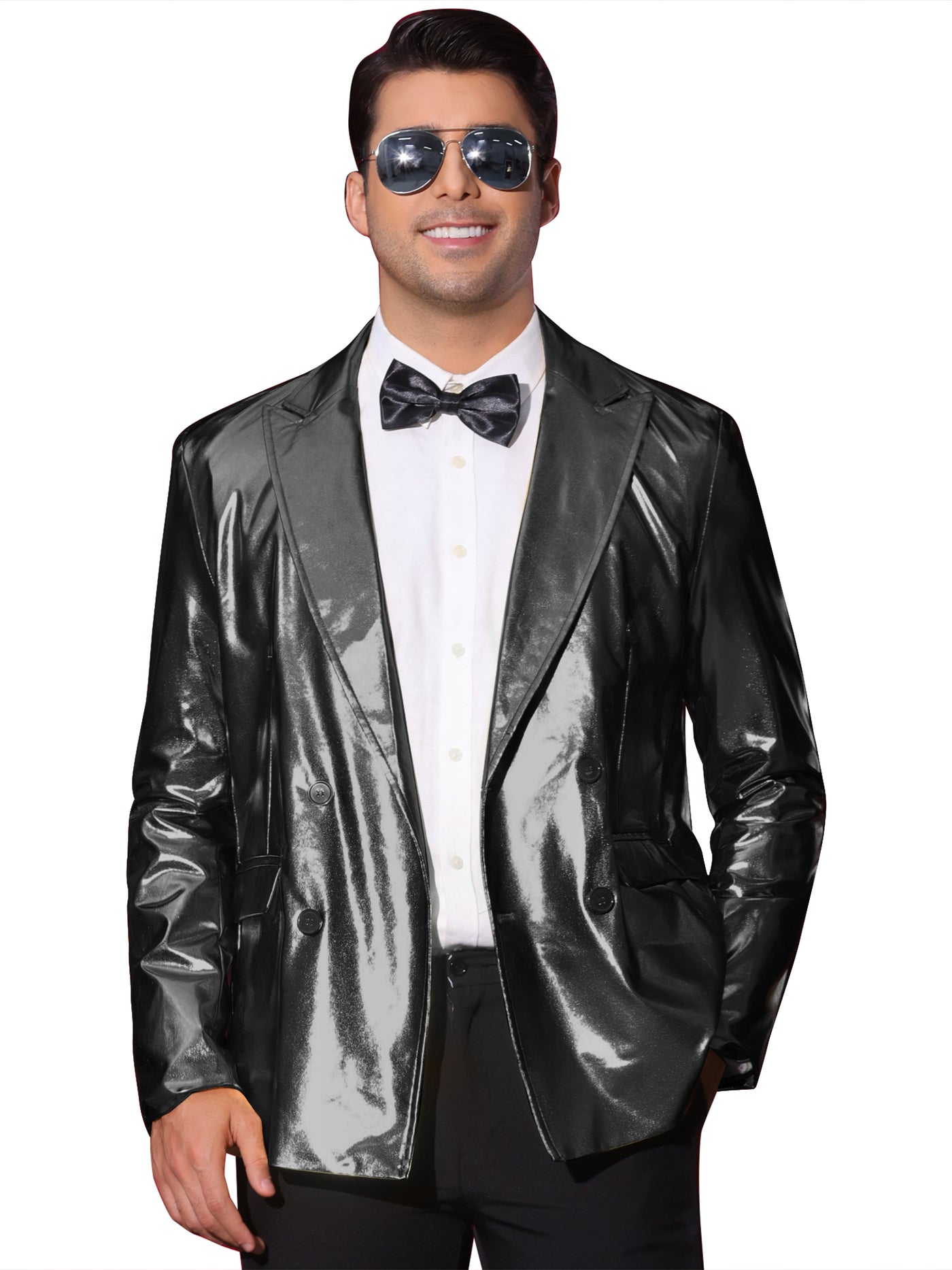 Bublédon Sparkly Metallic Blazer for Men's Peak Lapel Double-Breasted Party Disco Sport Coat Shining Suit Jacket