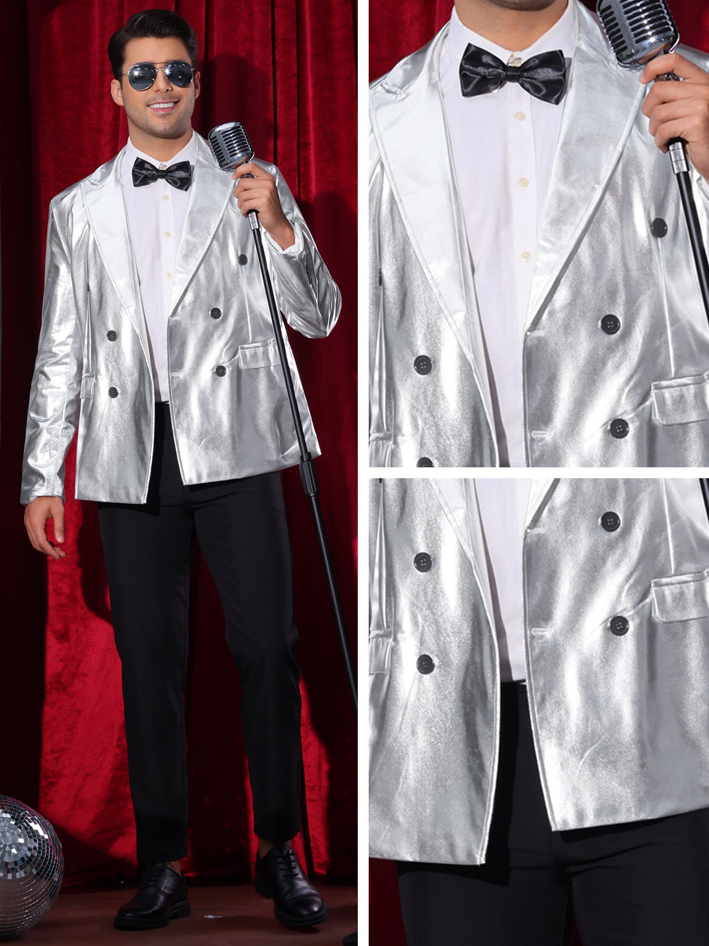 Bublédon Sparkly Metallic Blazer for Men's Peak Lapel Double-Breasted Party Disco Sport Coat Shining Suit Jacket