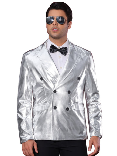 Bublédon Sparkly Metallic Blazer for Men's Peak Lapel Double-Breasted Party Disco Sport Coat Shining Suit Jacket