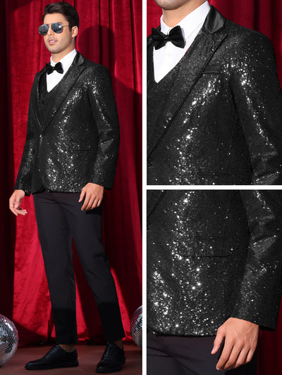 Sequin Blazer for Men's Peak Lapel Disco Prom Wedding Party Tuxedo Shiny Suit Jacket Metallic Sports Coat