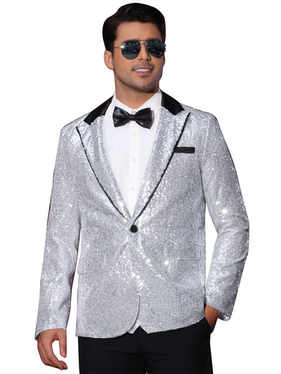 Bublédon Sequin Blazer for Men's Peak Lapel Disco Prom Wedding Party Tuxedo Shiny Suit Jacket Metallic Sports Coat