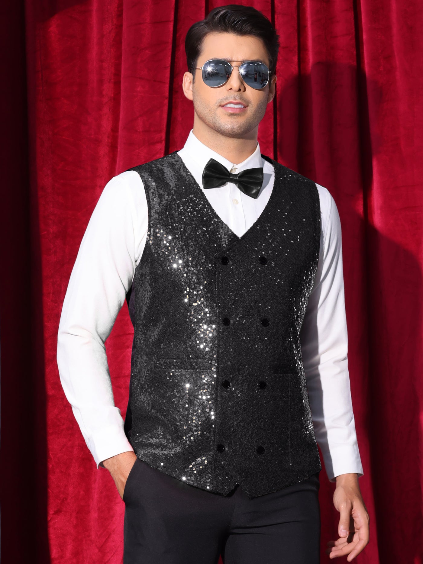 Bublédon Sequin Vest for Men's V-Neck Slim Fit Double-Breasted Party Disco Prom Nightclub Sleeveless Sparkly Suit Waistcoat