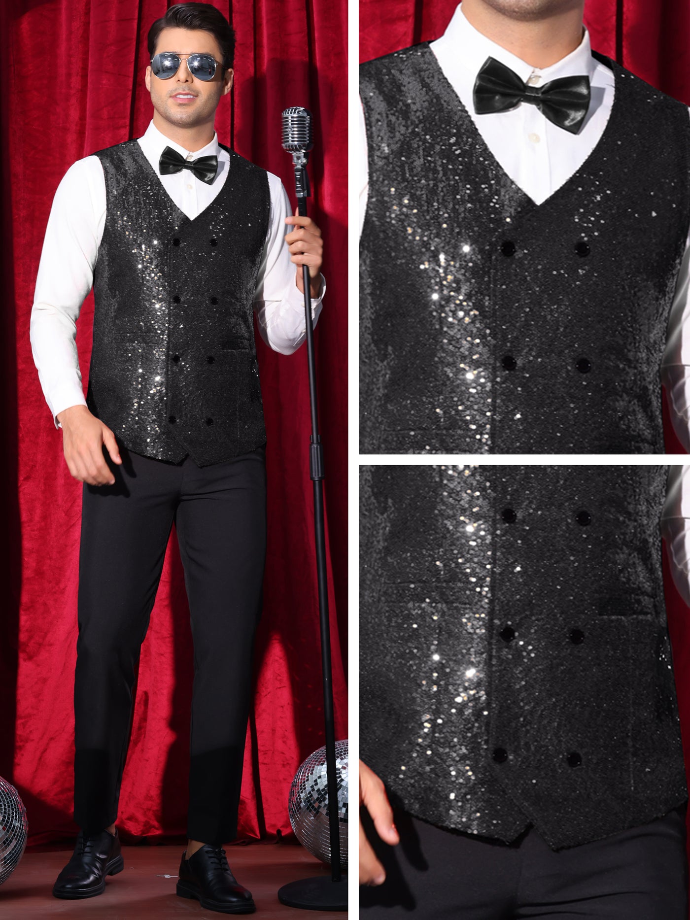 Bublédon Sequin Vest for Men's V-Neck Slim Fit Double-Breasted Party Disco Prom Nightclub Sleeveless Sparkly Suit Waistcoat