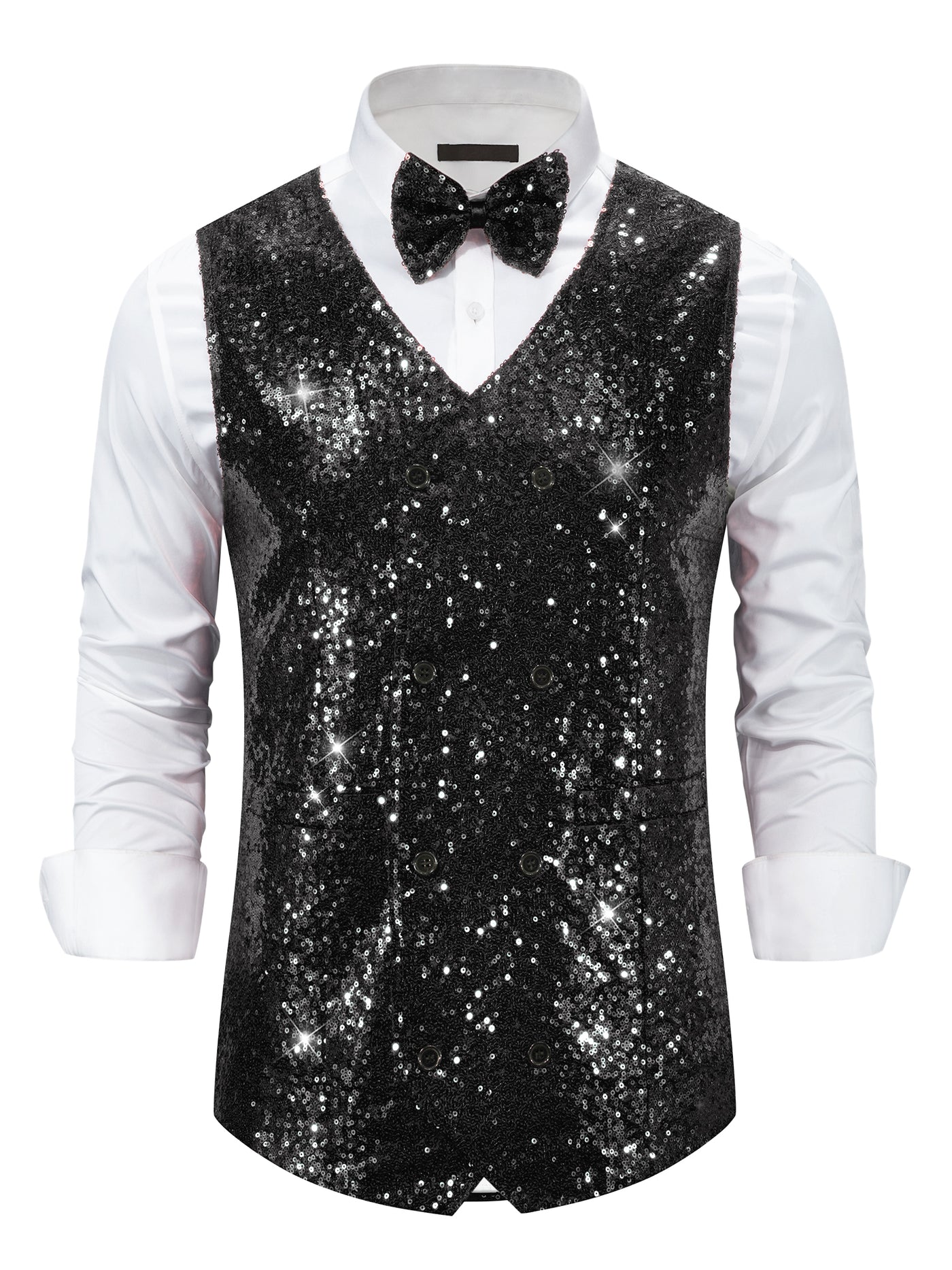 Bublédon Sequin Vest for Men's V-Neck Slim Fit Double-Breasted Party Disco Prom Nightclub Sleeveless Sparkly Suit Waistcoat