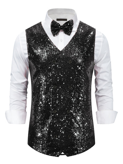 Sequin Vest for Men's V-Neck Slim Fit Double-Breasted Party Disco Prom Nightclub Sleeveless Sparkly Suit Waistcoat