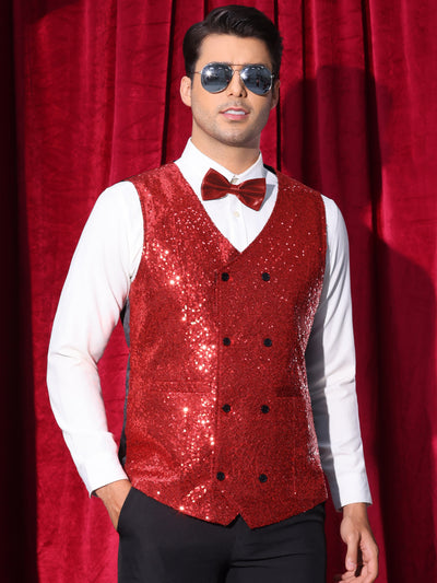 Bublédon Sequin Vest for Men's V-Neck Slim Fit Double-Breasted Party Disco Prom Nightclub Sleeveless Sparkly Suit Waistcoat