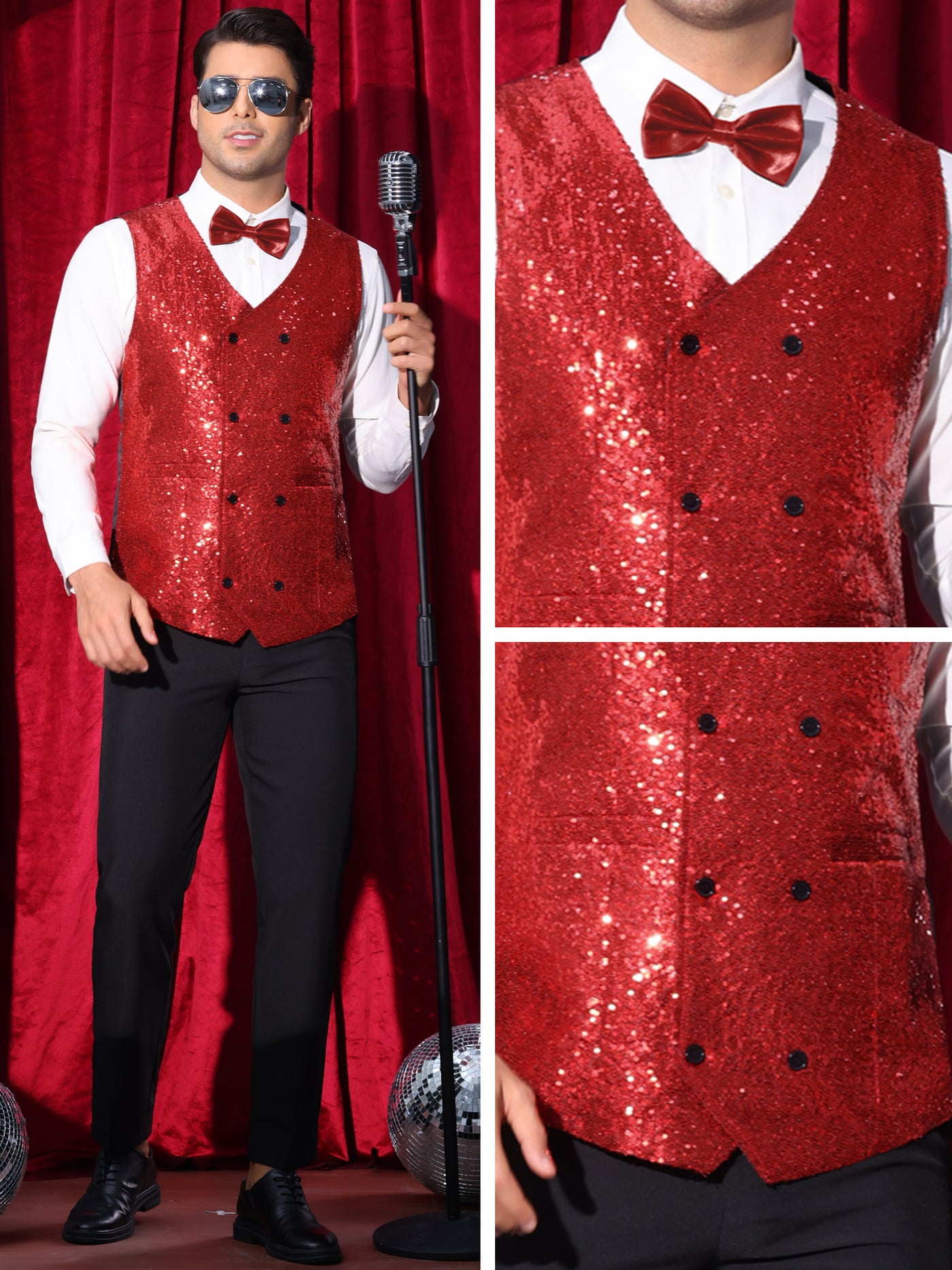 Bublédon Sequin Vest for Men's V-Neck Slim Fit Double-Breasted Party Disco Prom Nightclub Sleeveless Sparkly Suit Waistcoat