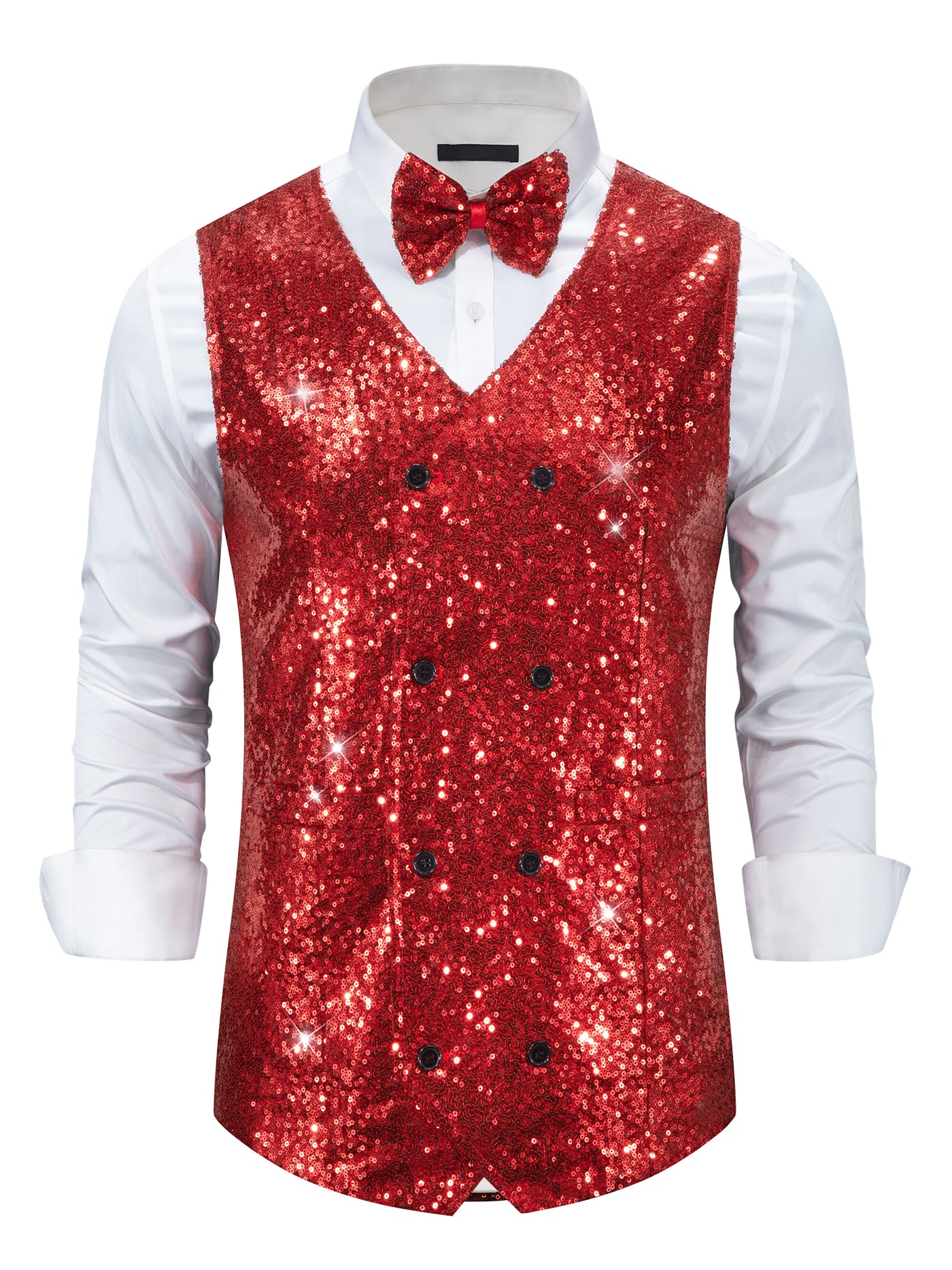 Bublédon Sequin Vest for Men's V-Neck Slim Fit Double-Breasted Party Disco Prom Nightclub Sleeveless Sparkly Suit Waistcoat