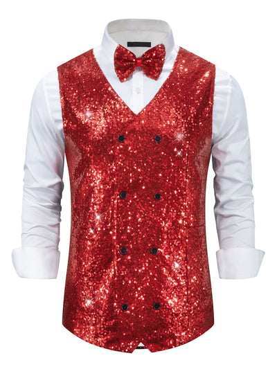 Sequin Vest for Men's V-Neck Slim Fit Double-Breasted Party Disco Prom Nightclub Sleeveless Sparkly Suit Waistcoat