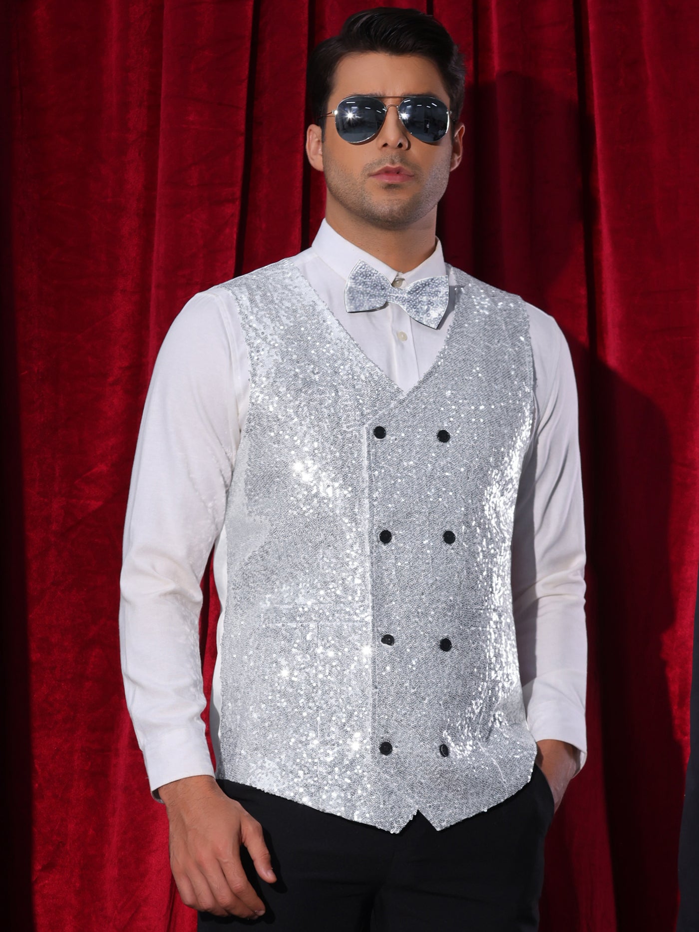 Bublédon Sequin Vest for Men's V-Neck Slim Fit Double-Breasted Party Disco Prom Nightclub Sleeveless Sparkly Suit Waistcoat