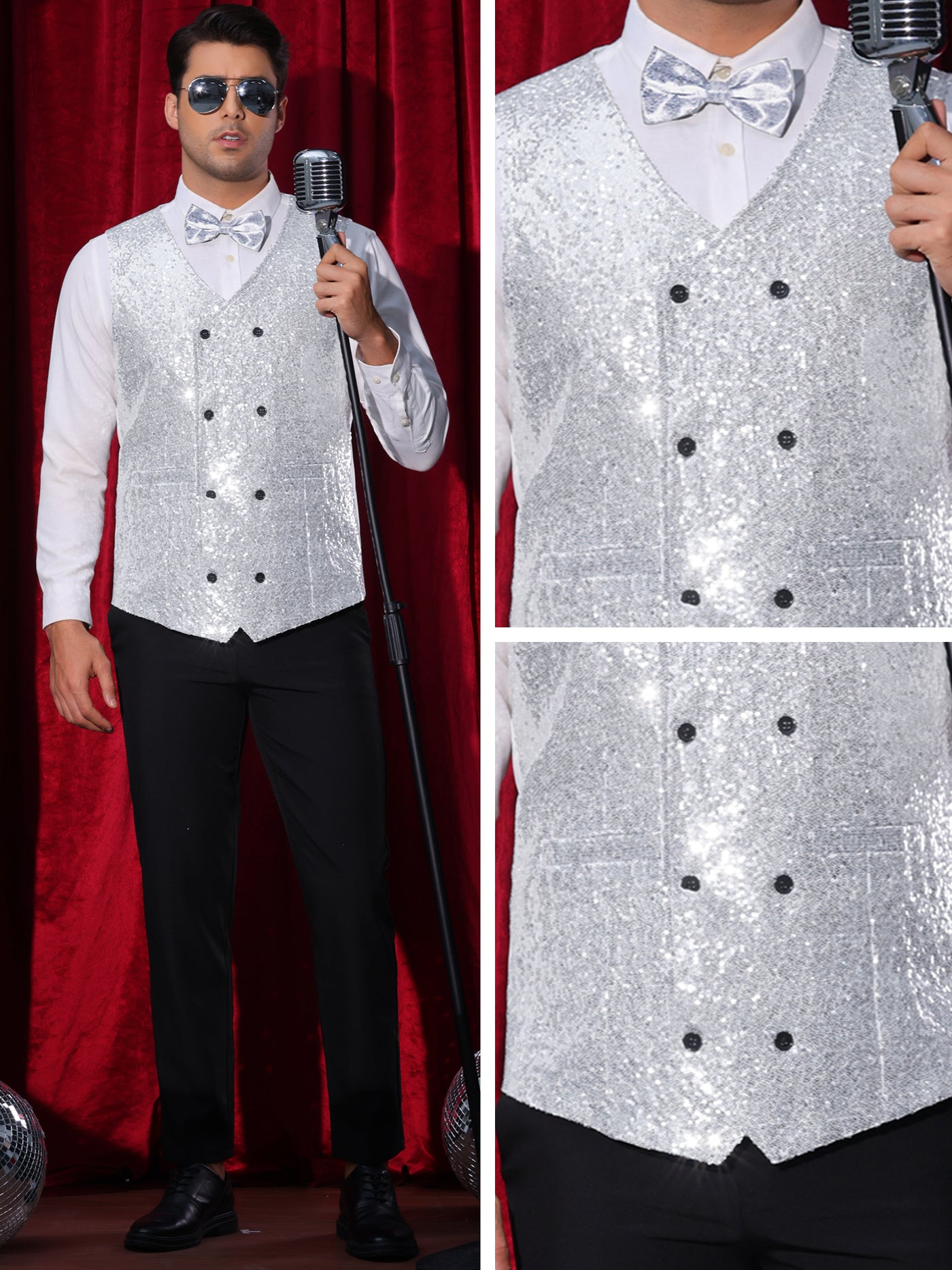 Bublédon Sequin Vest for Men's V-Neck Slim Fit Double-Breasted Party Disco Prom Nightclub Sleeveless Sparkly Suit Waistcoat