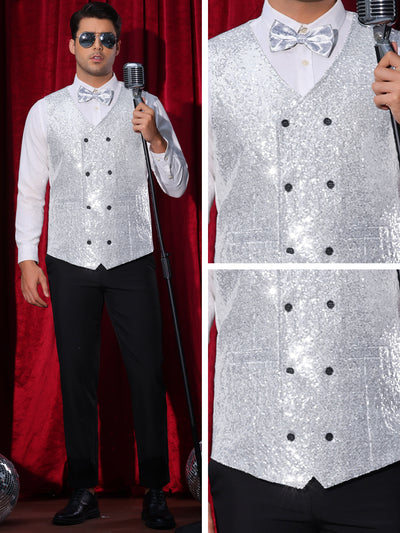 Sequin Vest for Men's V-Neck Slim Fit Double-Breasted Party Disco Prom Nightclub Sleeveless Sparkly Suit Waistcoat