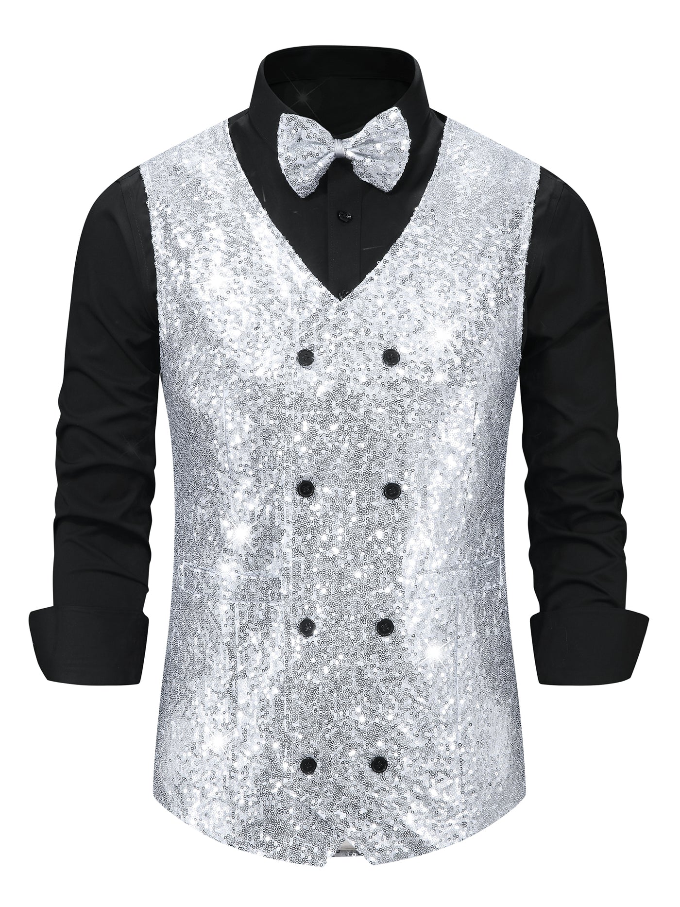 Bublédon Sequin Vest for Men's V-Neck Slim Fit Double-Breasted Party Disco Prom Nightclub Sleeveless Sparkly Suit Waistcoat