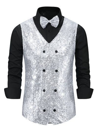 Sequin Vest for Men's V-Neck Slim Fit Double-Breasted Party Disco Prom Nightclub Sleeveless Sparkly Suit Waistcoat