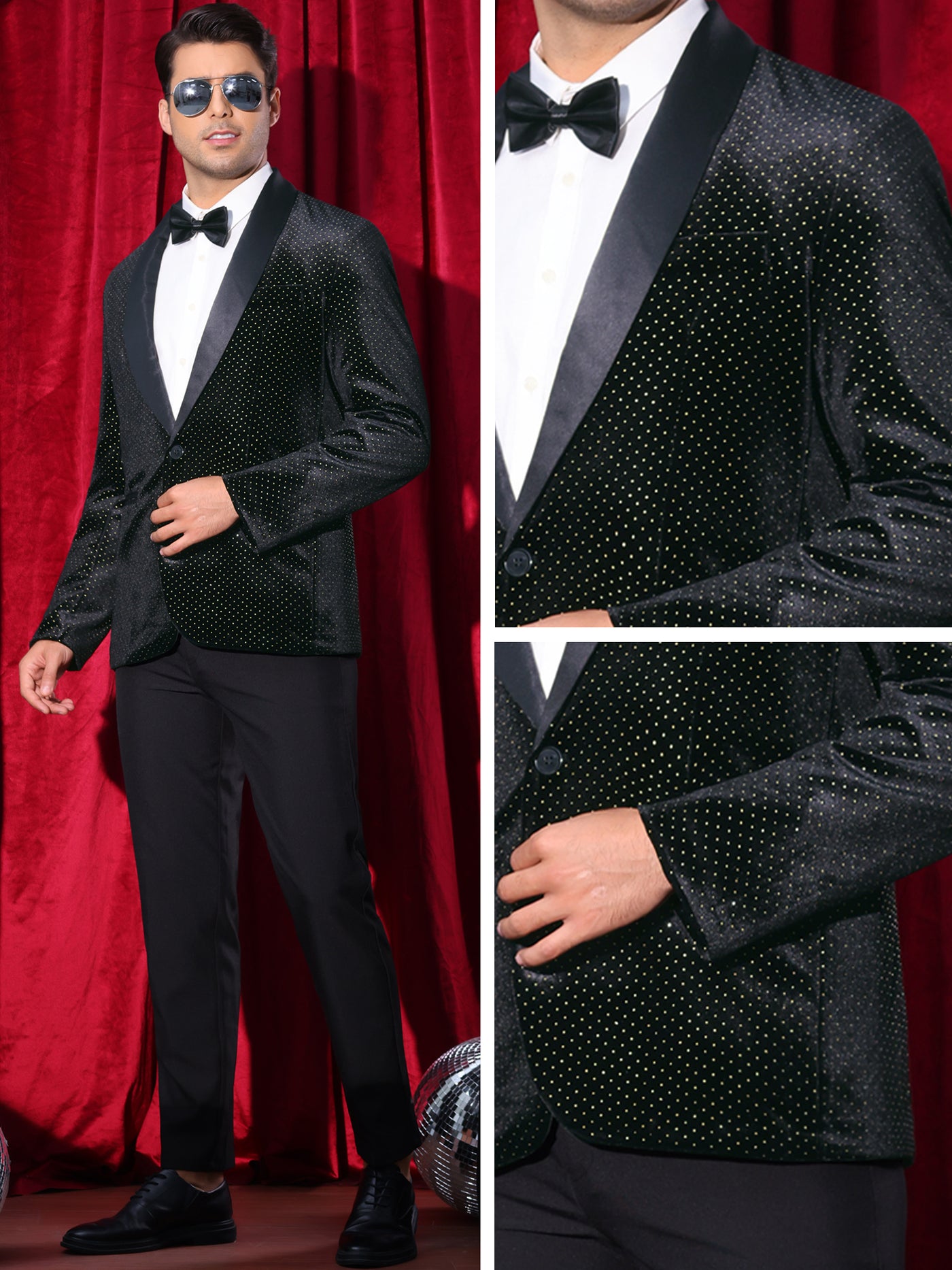 Bublédon Velvet Blazer for Men's Shawl Lapel One Button Wedding Rhinestone Sparkly Tuxedo Velour Sports Coat