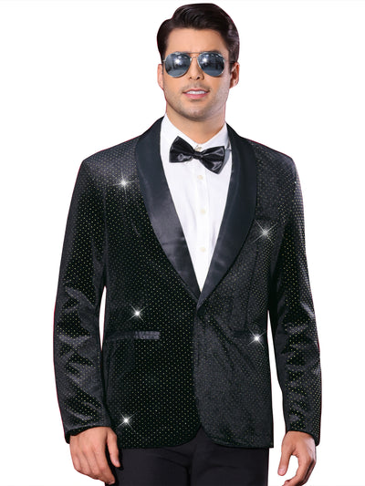 Velvet Blazer for Men's Shawl Lapel One Button Wedding Rhinestone Sparkly Tuxedo Velour Sports Coat