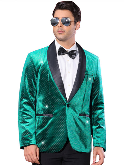 Bublédon Velvet Blazer for Men's Shawl Lapel One Button Wedding Rhinestone Sparkly Tuxedo Velour Sports Coat