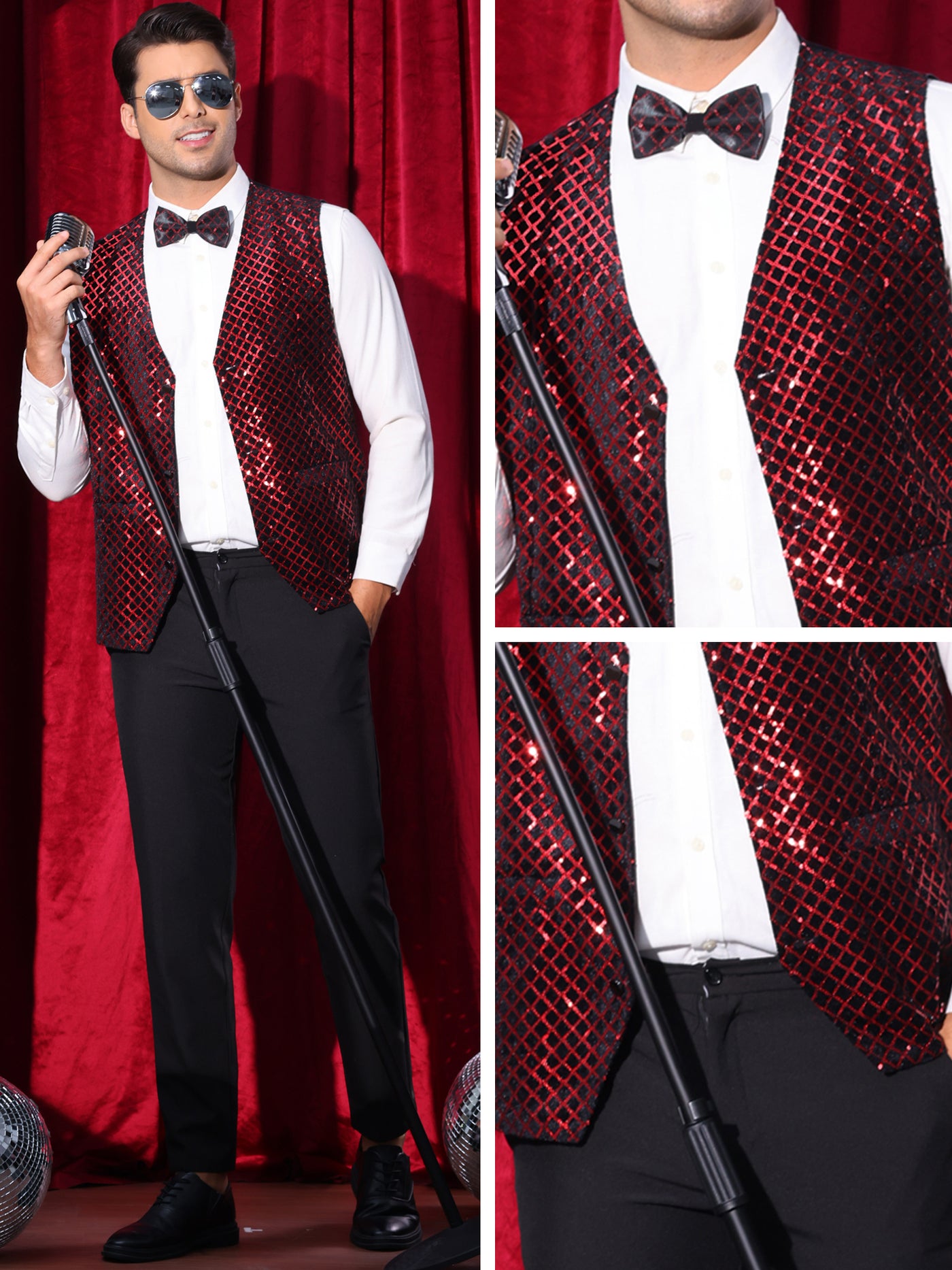 Bublédon Argyle Sequin Vest for Men's V-Neck Party Dress Prom Nightclub Shiny Sleeveless Suit Waistcoat